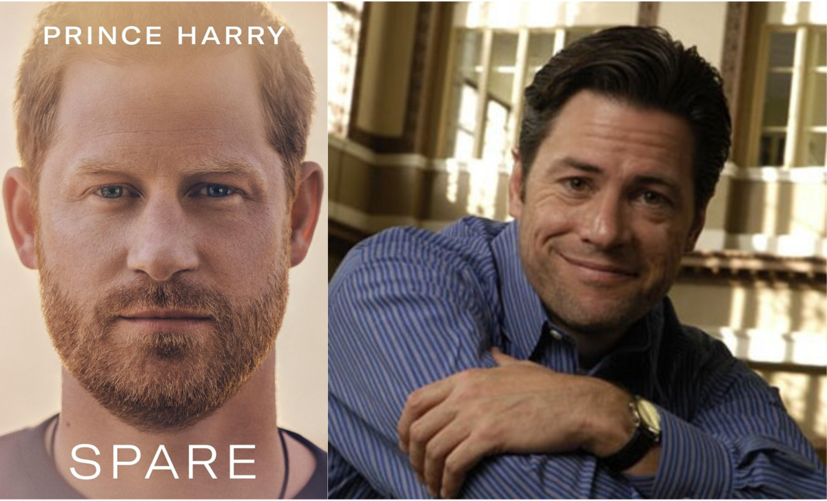 Cover of 'Spare' with Prince Harry and J.R. Moehringer, representing their collaborative authorship.