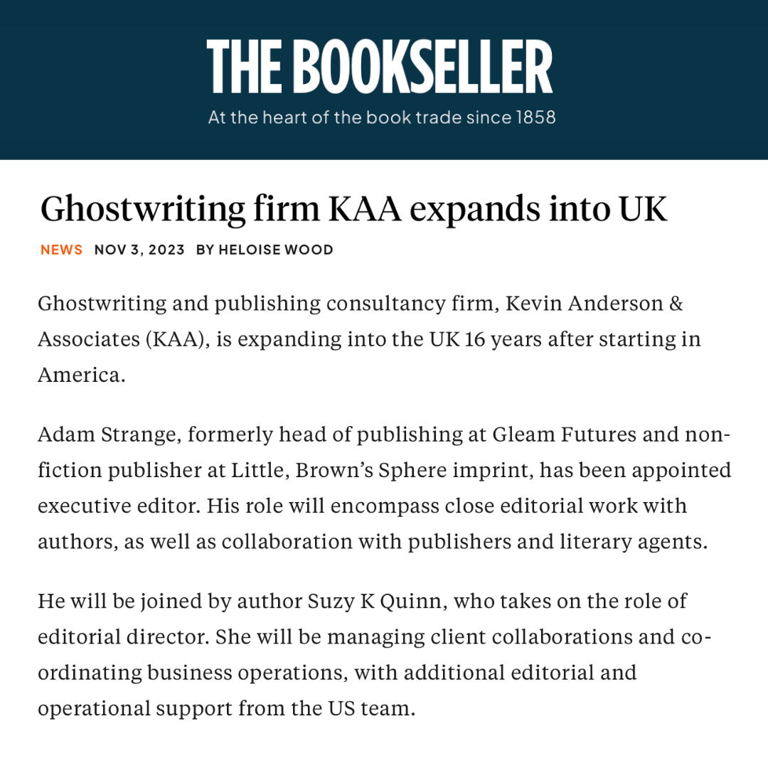 News excerpt about KAA's expansion into UK, highlighting the ghostwriting industry's growth.